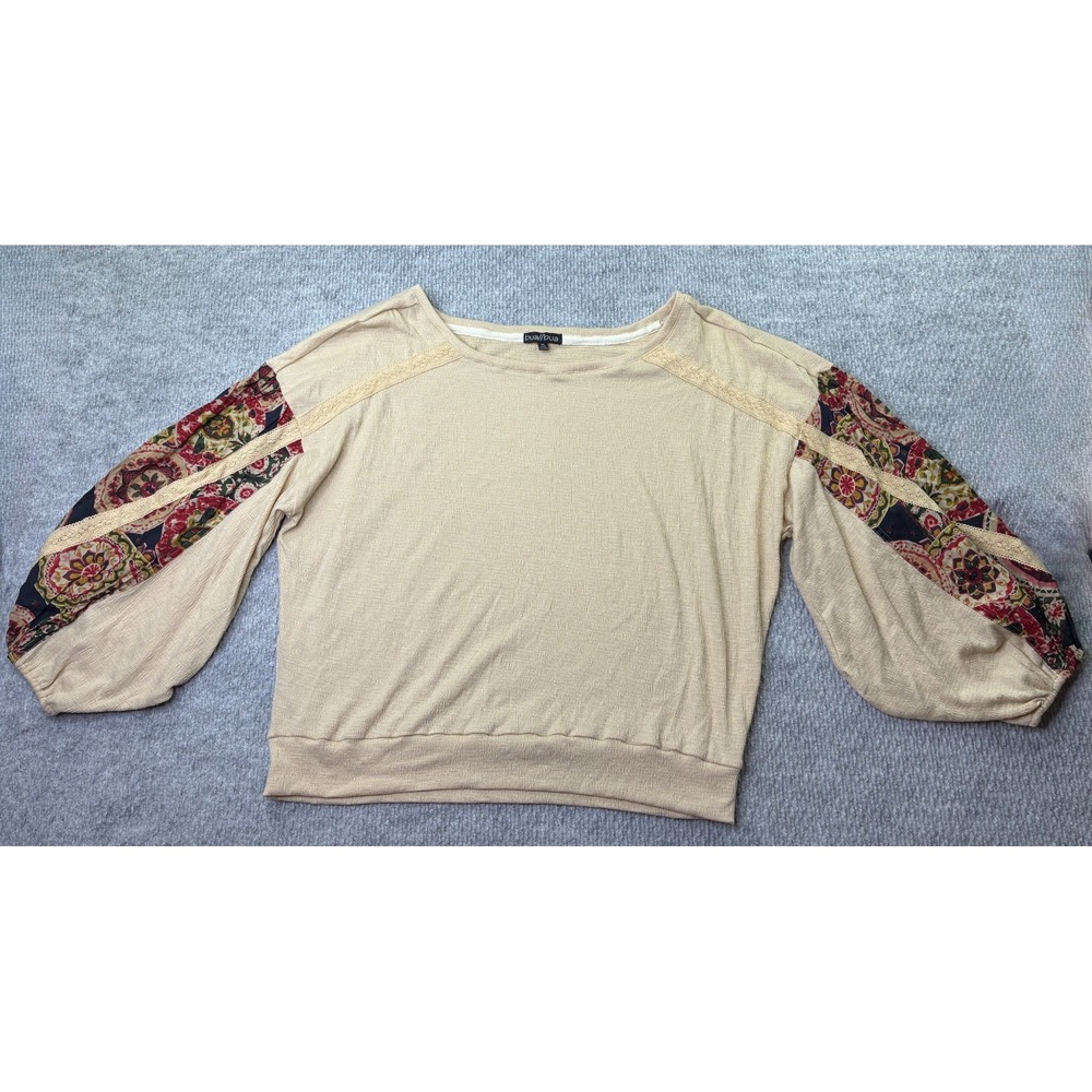 bua/bua Women XL Beige Boho Floral Paisley Balloon Sleeve Lace Trim Top